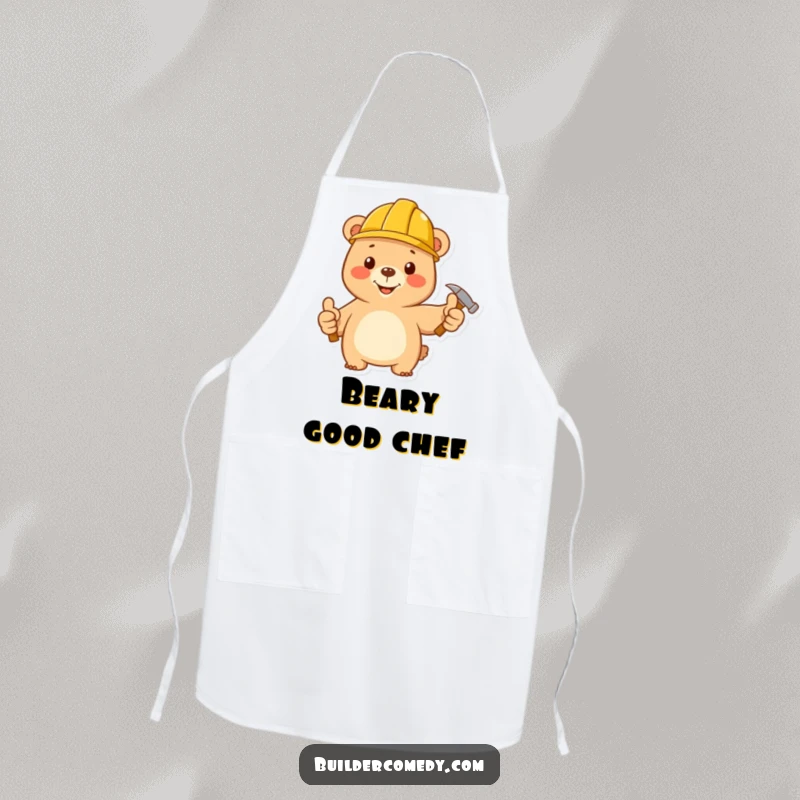 Funny bear in hard hat and hammer, giving thumbs up, ideal for kitchen wear.