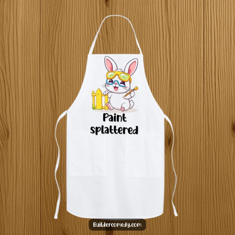 Funny bunny with goggles painting a bright yellow fence, cute art apron.