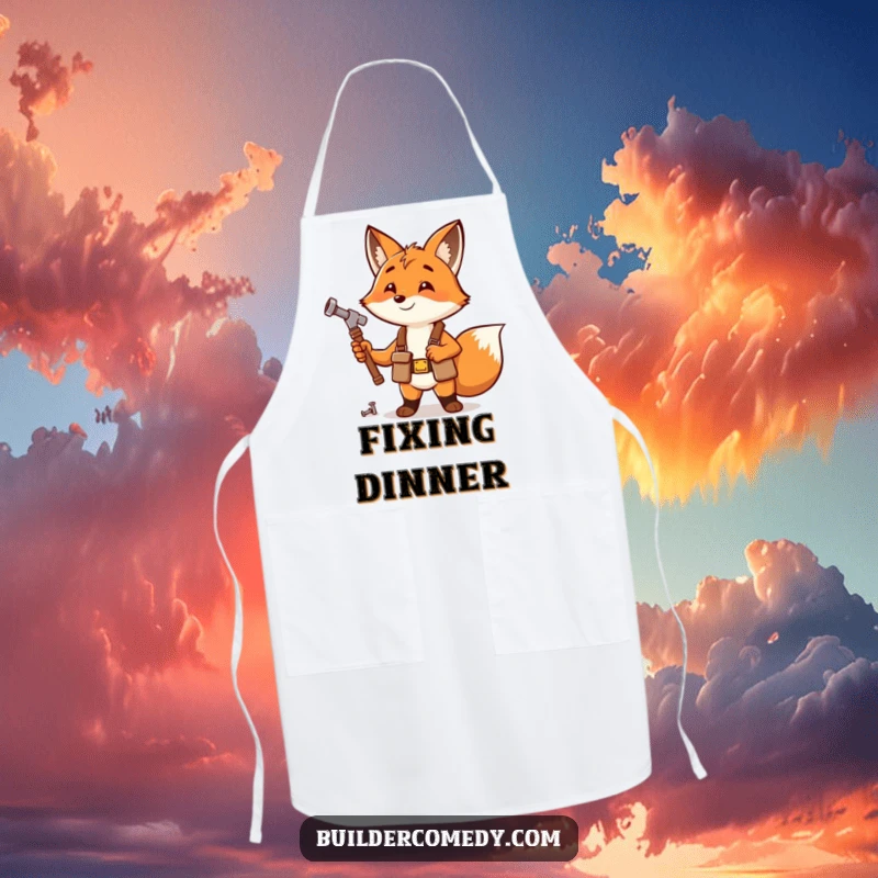 Funny fox with tool belt happily hammering a nail, durable work apron.