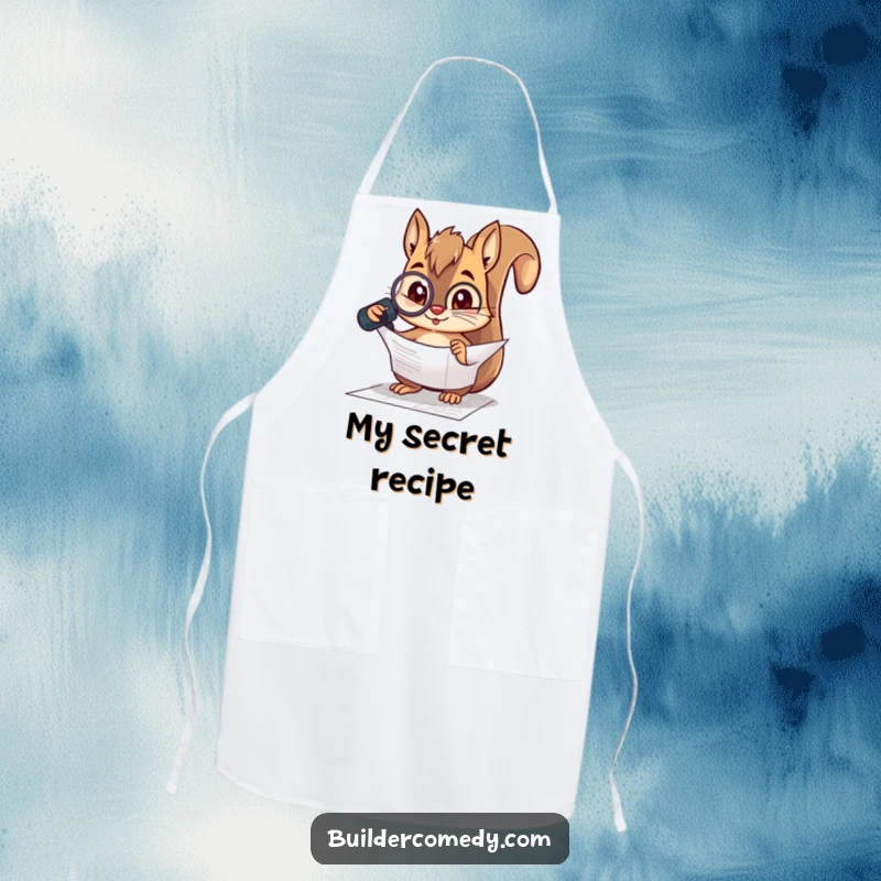 Funny squirrel character inspecting a blueprint with a magnifying glass on a kitchen apron, celebrating culinary planning.
