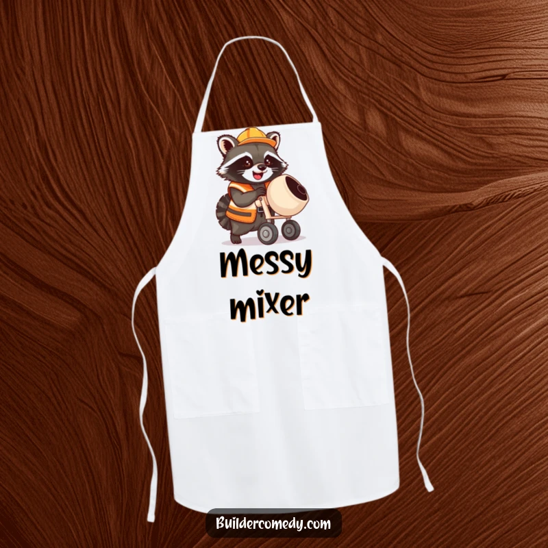 Funny raccoon in construction vest operating a cement mixer, ideal kitchen apron.