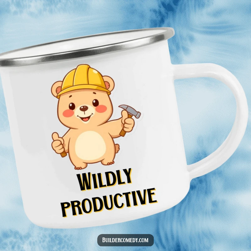 Funny bear giving thumbs up with hard hat and hammer on a durable camping mug.