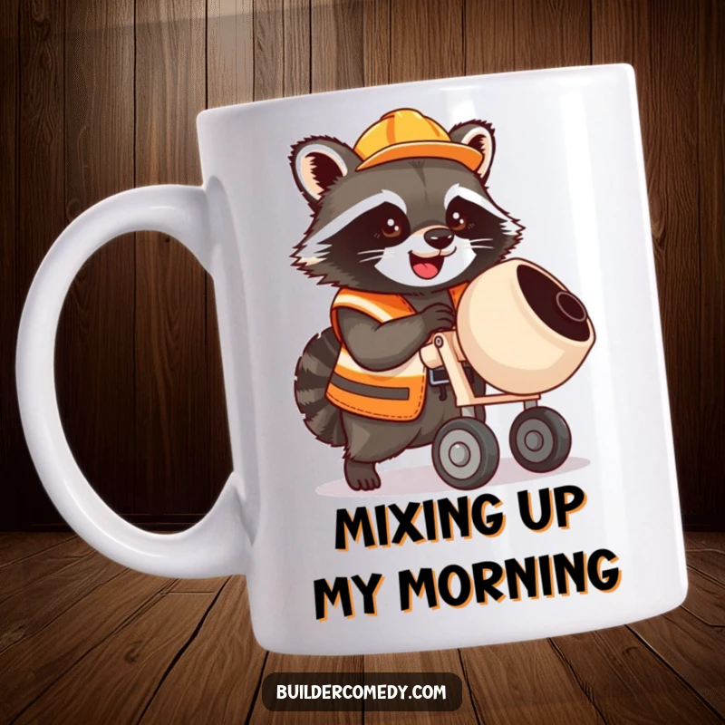 Funny raccoon in construction vest enthusiastically operating a tiny cement mixer on a mug.