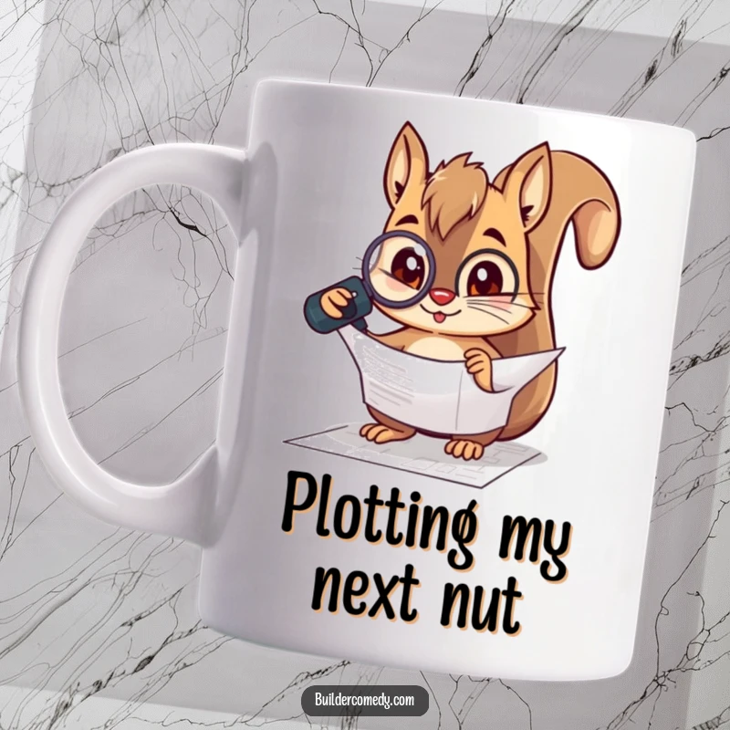 Funny squirrel character intensely inspecting a blueprint with a magnifying glass, symbolizing planning and attention to detail.