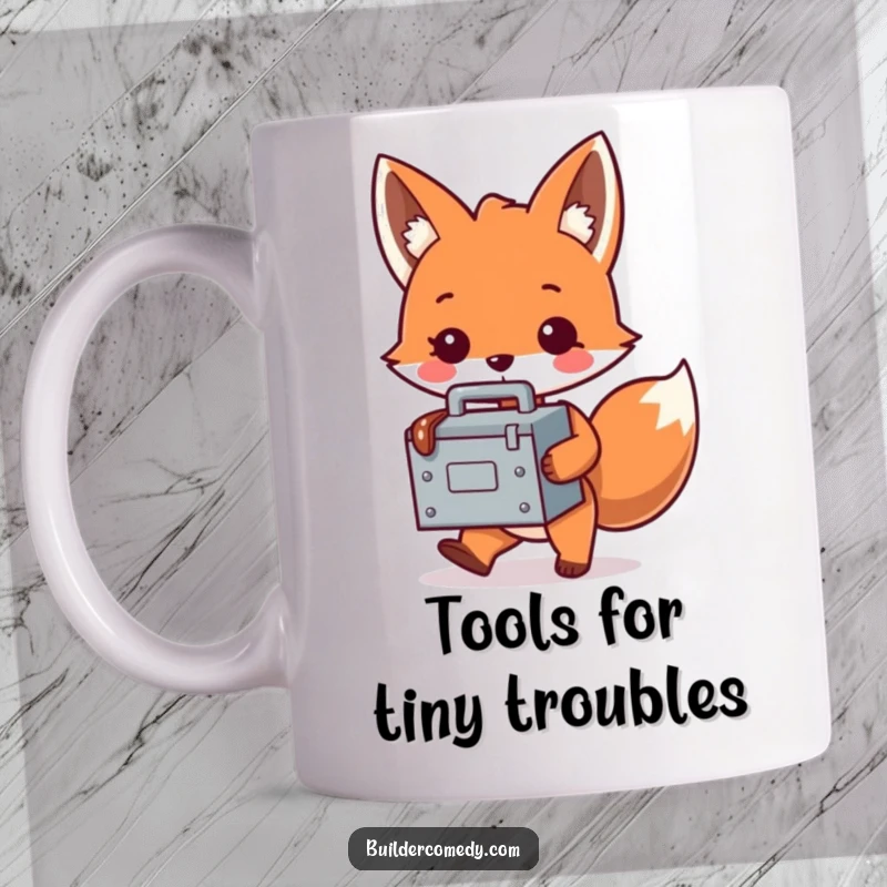 Funny fox character humorously carrying a tiny, oversized toolbox, ready for DIY, gifting to a handyman.