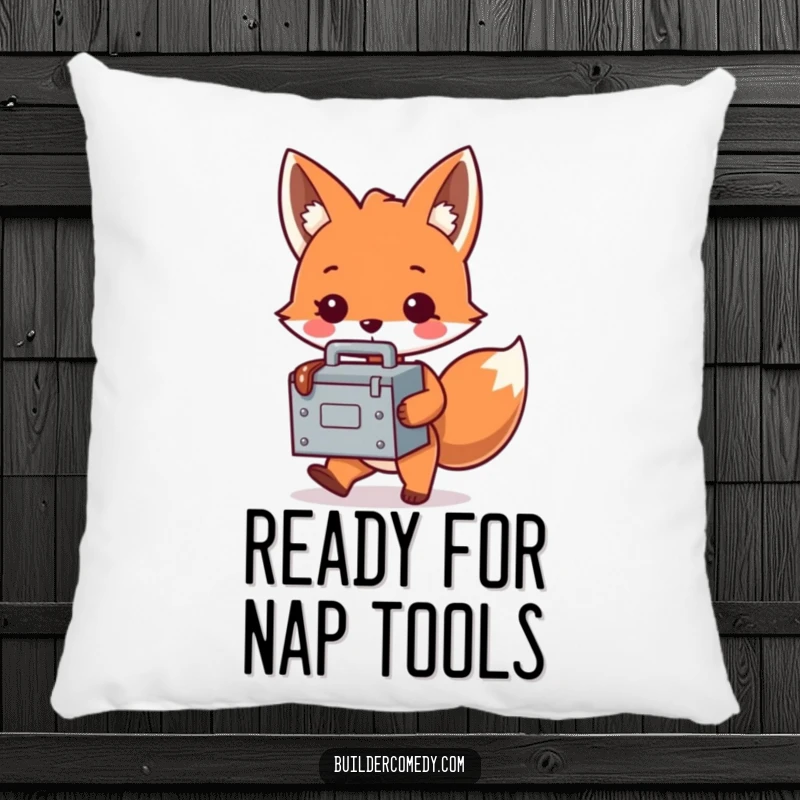 Funny fox character with a tiny, oversized toolbox on a soft pillow, bringing comfort and humor to any space.