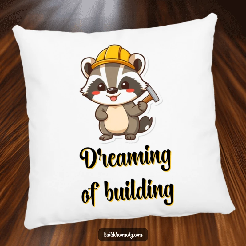 Funny cheerful badger wearing a small hard hat, hammering a nail, a decorative and humorous pillow for sofas.