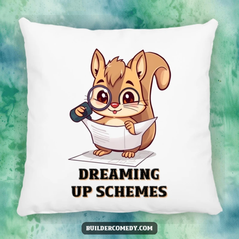 Funny squirrel character inspecting a blueprint with a magnifying glass on a soft pillow, bringing comfort and intellect.