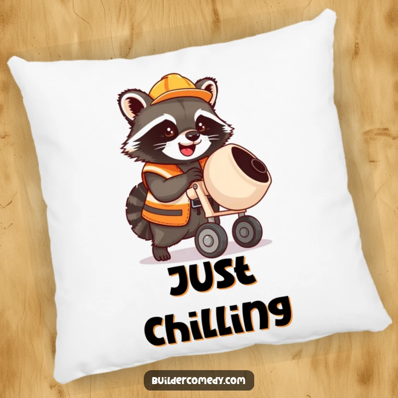 Funny raccoon with cement mixer, construction vest, cute and comfy pillow.