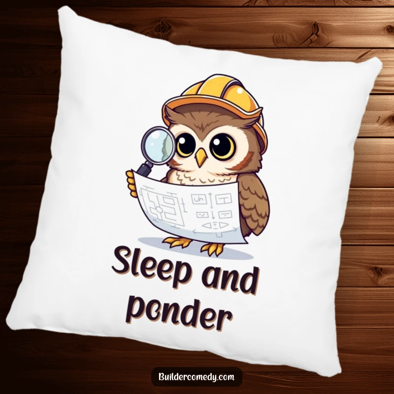 Funny owl with construction helmet studying blueprints, soft pillow for home.