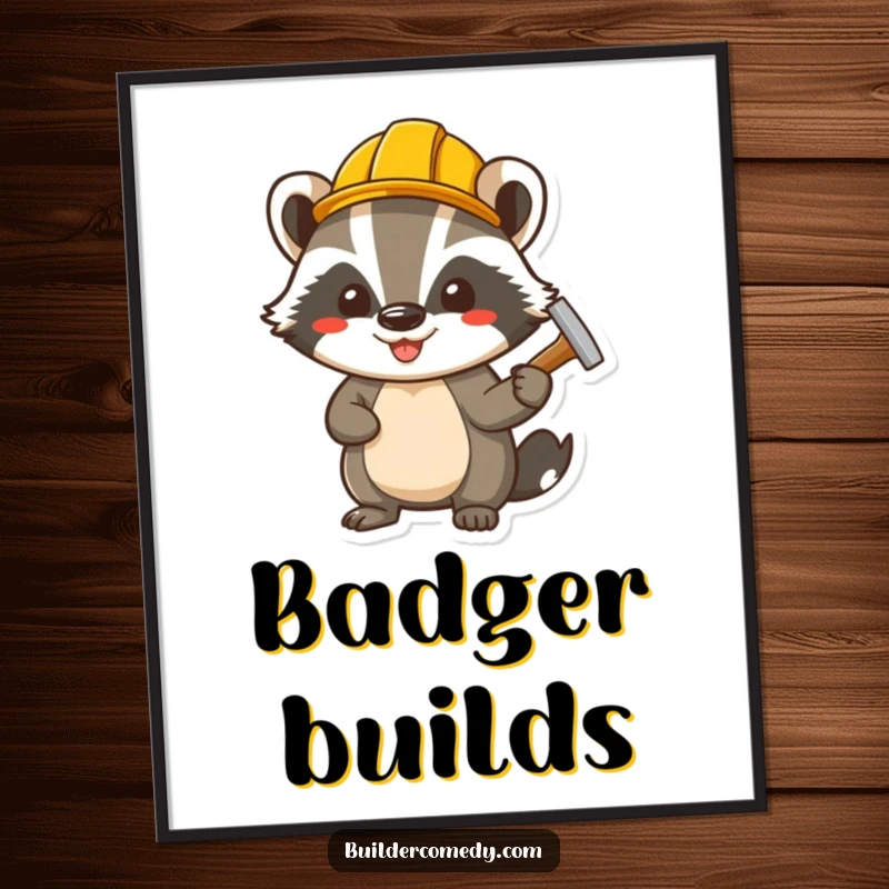 Funny cheerful badger wearing a tiny hard hat, hammering a nail, printable digital art for instant humorous decor.