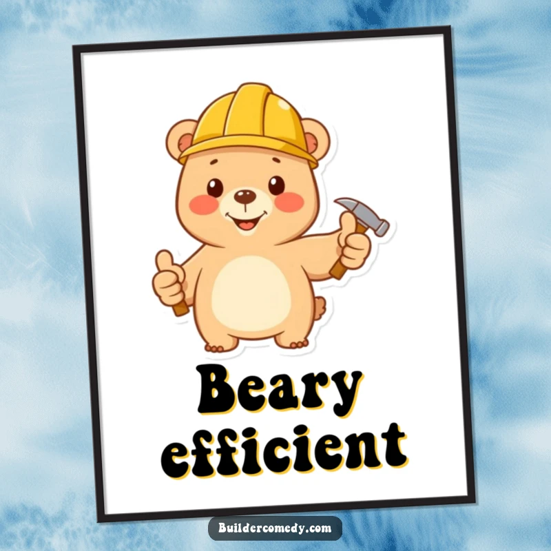 Funny bear construction worker, thumbs up, hard hat, hammer, printable digital art.