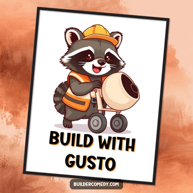 Funny raccoon in construction vest operating cement mixer, printable digital art.