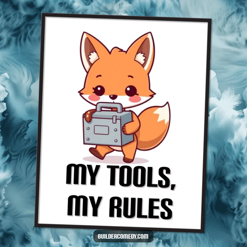 Funny fox character with a tiny, oversized toolbox as digital art, ready to be printed and framed for humor.