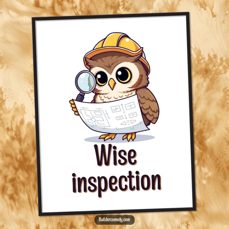 Curious owl with construction helmet and magnifying glass, printable digital art.