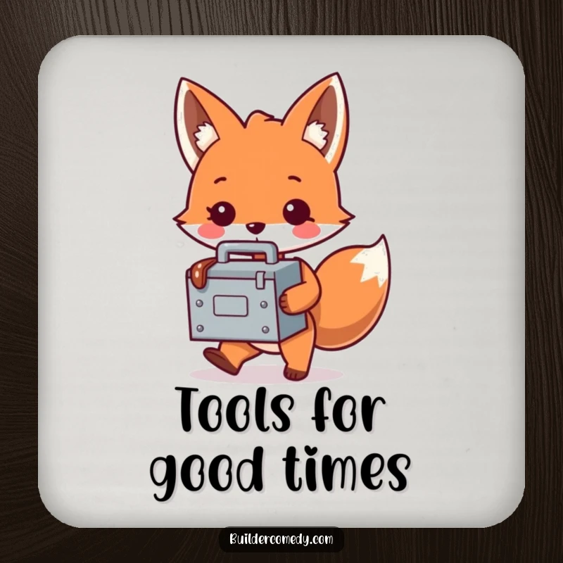 Funny fox character with a tiny, oversized toolbox on a drink coaster, protecting surfaces with humor.