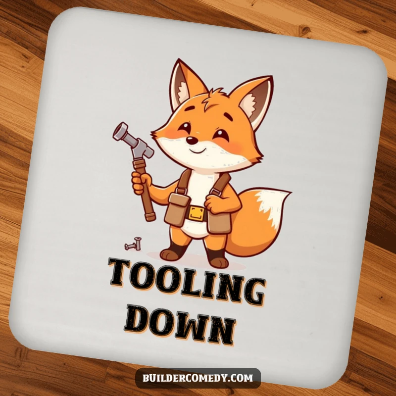 Funny fox hammering a nail, wearing a tool belt, decorative drink coaster.