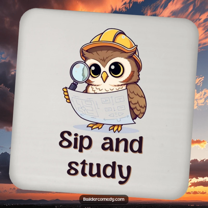 Funny owl with construction helmet and magnifying glass, decorative drink coaster.