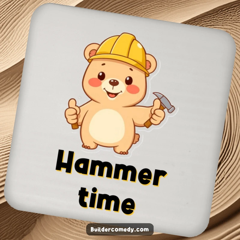 Funny bear construction worker giving thumbs up, protecting surfaces with a coaster.