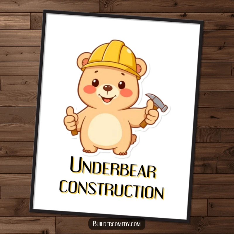 Funny construction bear giving a thumbs up, holding a tiny hammer, motivational poster art.
