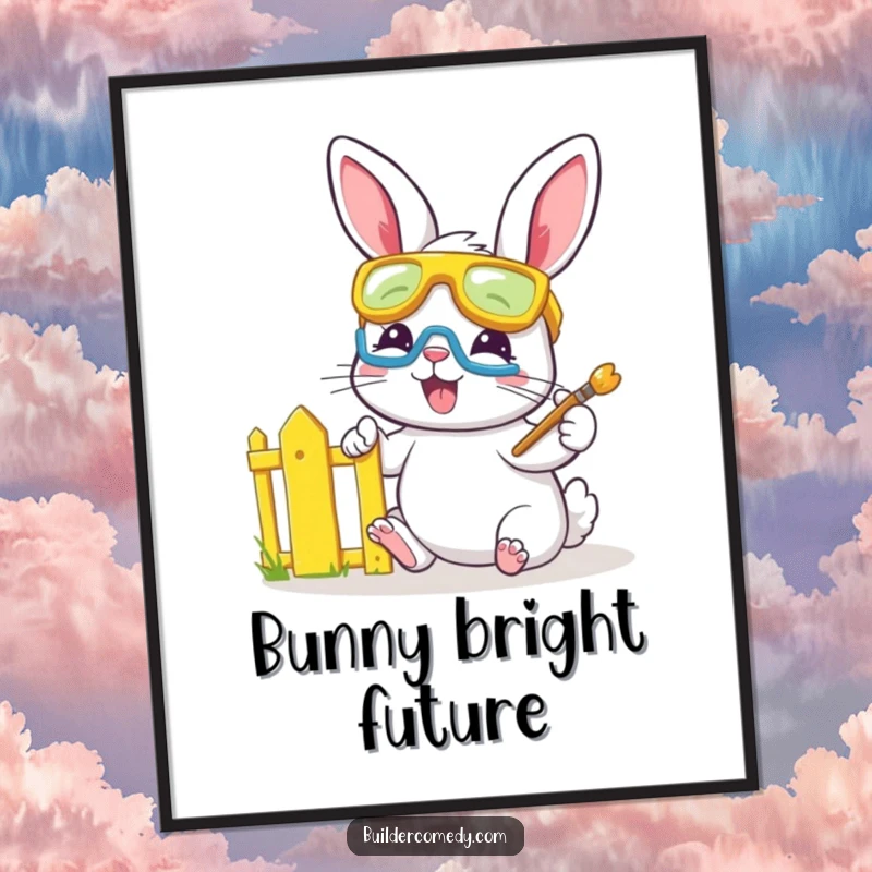 Playful bunny with goggles painting a fence bright yellow, cheerful poster art.