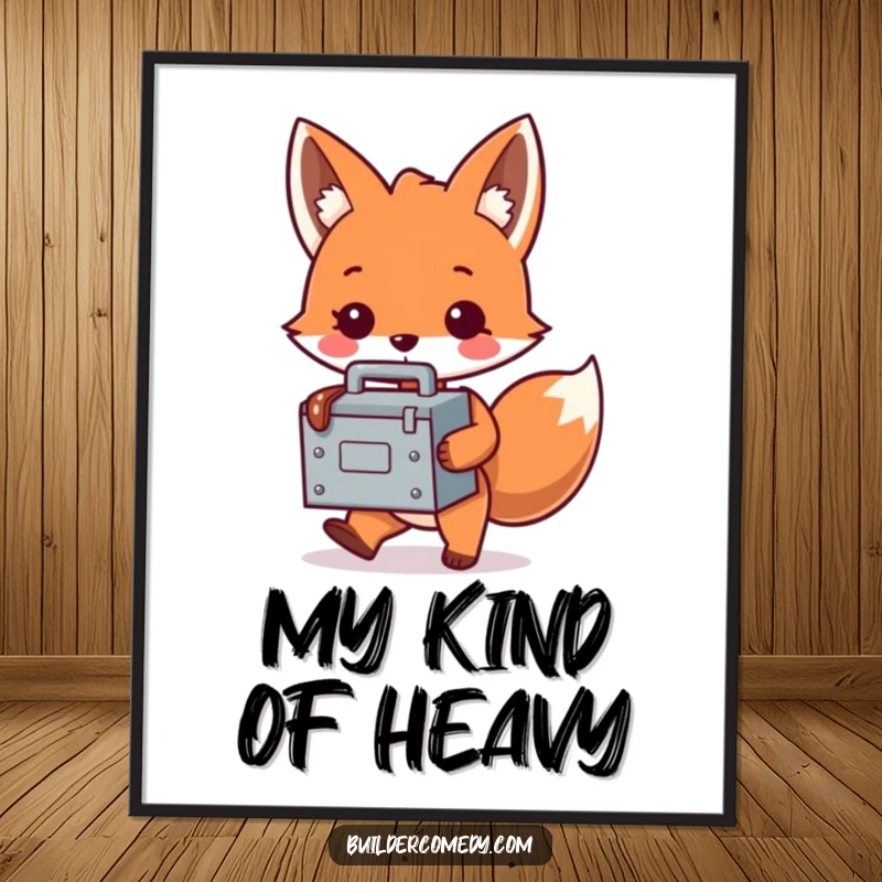 Funny fox character with a tiny, oversized toolbox on a poster, ideal for adding humor to wall art.