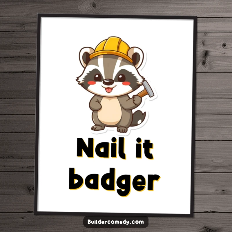 Funny cheerful badger wearing a tiny hard hat, hammering a nail, humorous wall art poster for workshops.