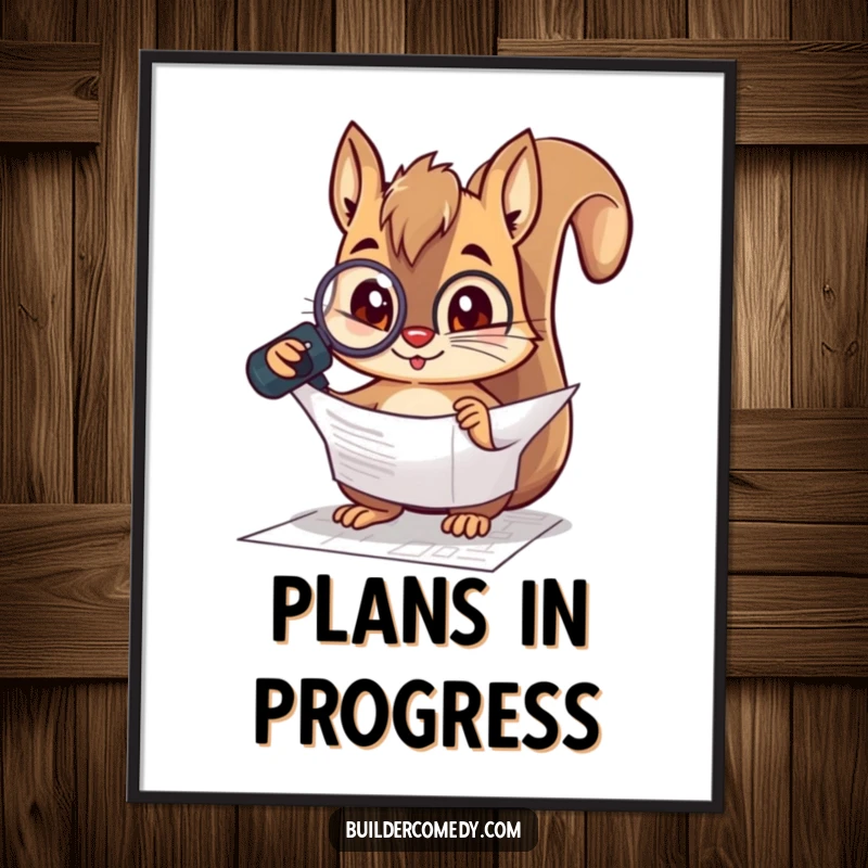 Funny squirrel character inspecting a blueprint with a magnifying glass on a poster, perfect wall art for offices.