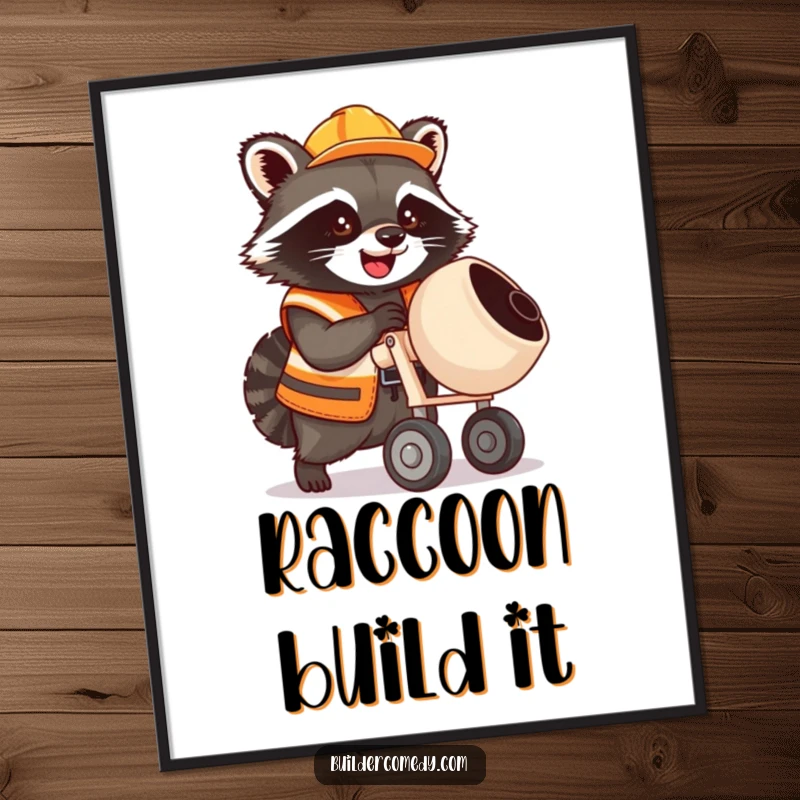 Cute raccoon operating a miniature cement mixer, funny construction-themed poster art.