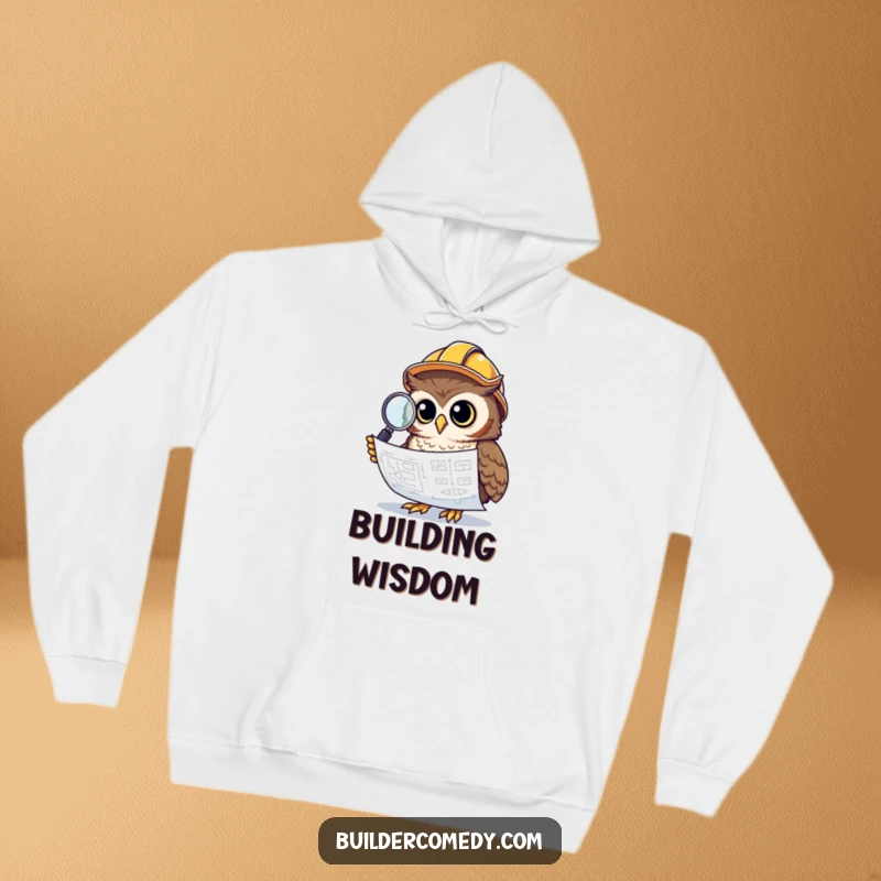 Funny owl with construction helmet and magnifying glass studying blueprints, cozy hoodie.