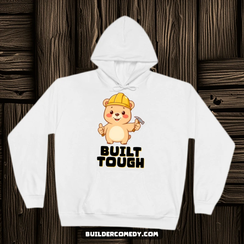 Funny bear in hard hat and hammer, giving thumbs up, cozy hoodie for construction fans.