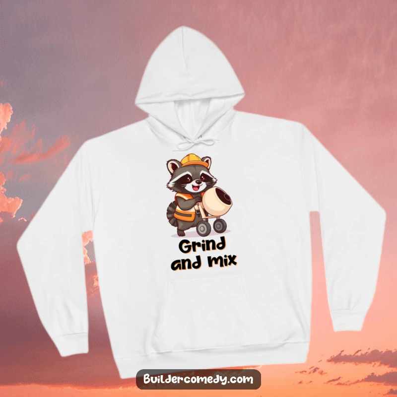 Funny raccoon operating a cement mixer, wearing a construction vest, cozy hoodie.