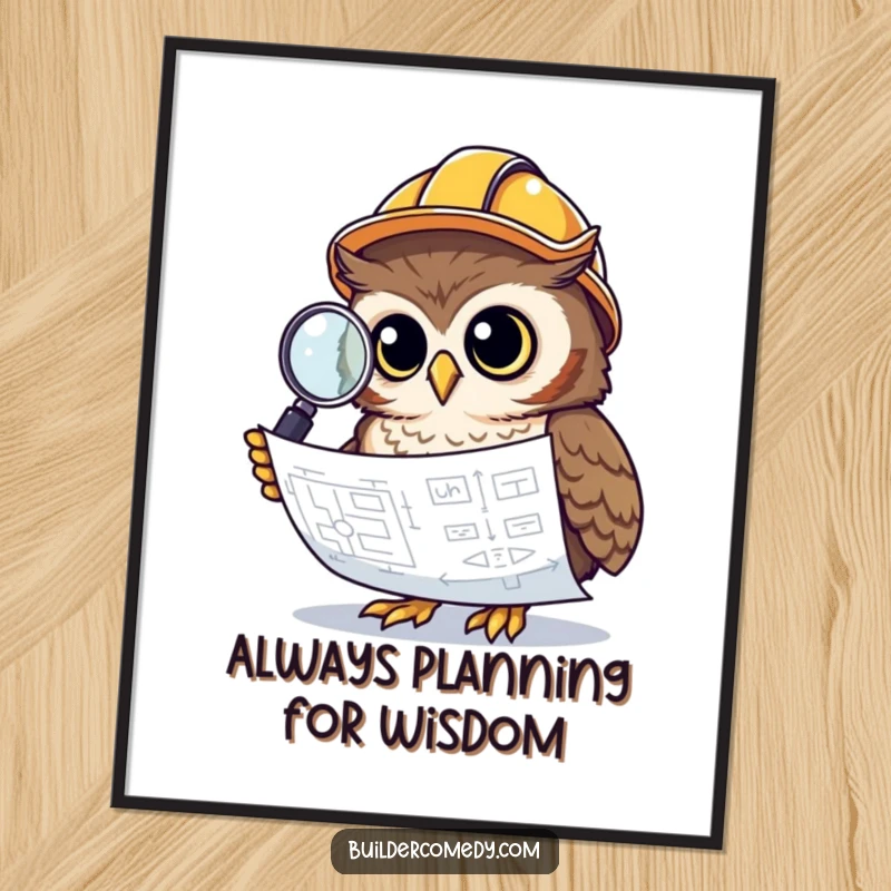 Funny Free Printable Wall Art: Owl in construction helmet curiously inspecting a blueprint with a magnifying glass, symbolizing smarts.