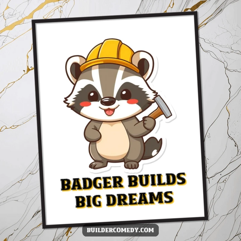 Funny free printable wall art: a cheerful badger character wearing a small hard hat, actively hammering a nail.