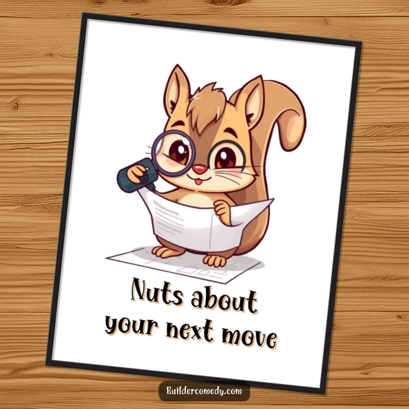 Funny Free Printable Squirrel Wall Art: A curious squirrel intensely examines blueprints with a magnifying glass, adding intellectual charm.