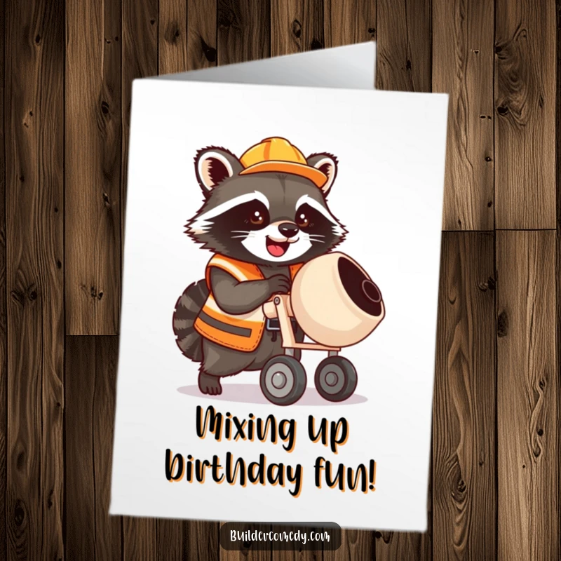 Funny Free Printable Birthday Card: Raccoon in construction vest joyfully operates a tiny cement mixer, ready to build birthday wishes.