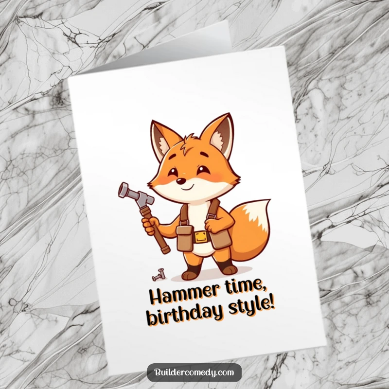 Funny Free Printable Birthday Card: Enthusiastic fox in tool belt happily hammers a small nail, ready to build birthday joy.