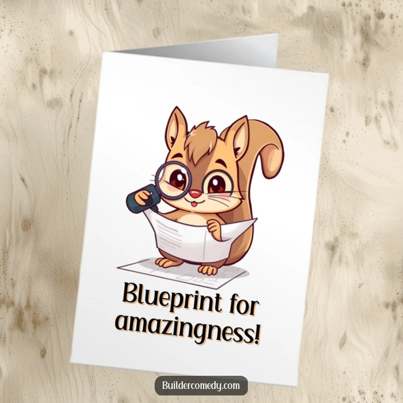 Funny Free Printable Squirrel Congratulations Card: A curious squirrel examines intricate blueprints with a magnifying glass, celebrating your success.