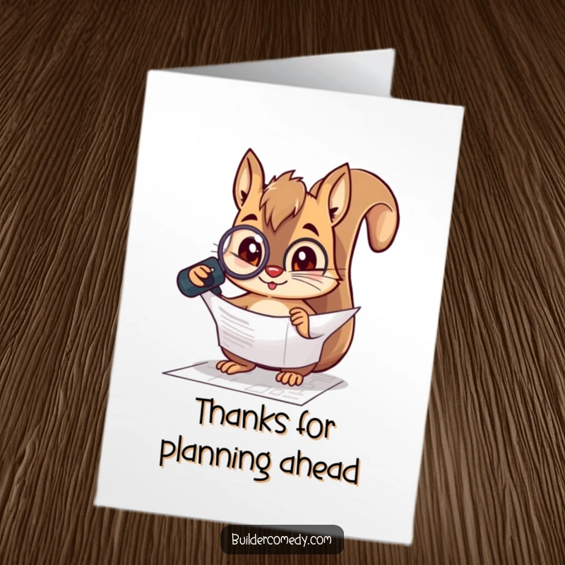 Funny Free Printable Squirrel Thank You Card: A curious squirrel inspects a blueprint with a magnifying glass, acknowledging your help.