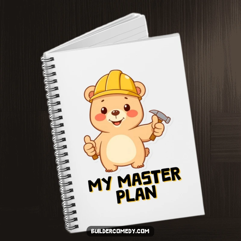 Funny bear construction worker, hard hat, hammer, thumbs up on a notebook cover.