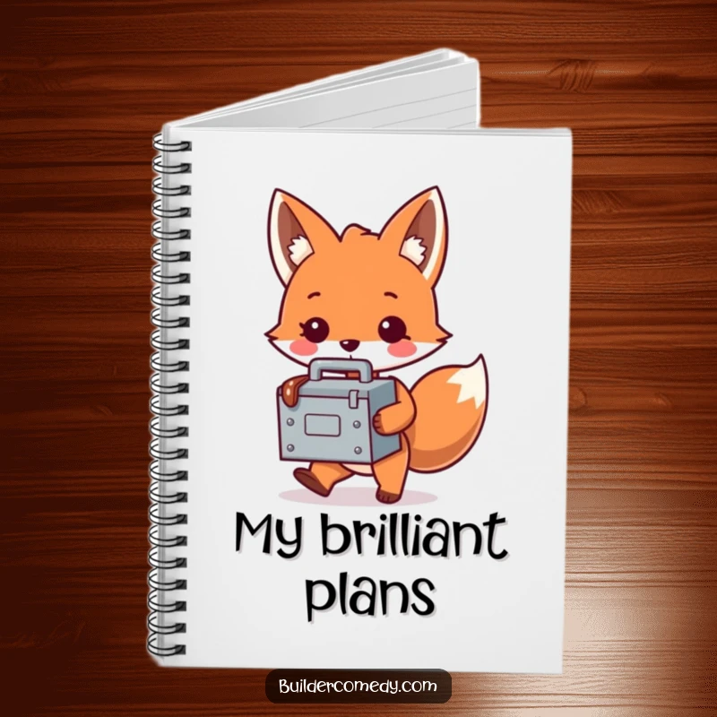 Funny fox character with a tiny, oversized toolbox on a notebook, symbolizing creativity and planning, ideal for notes.