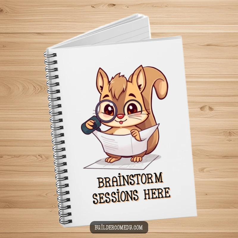 Funny squirrel character inspecting a blueprint with a magnifying glass on a notebook, ideal for planning and notes.