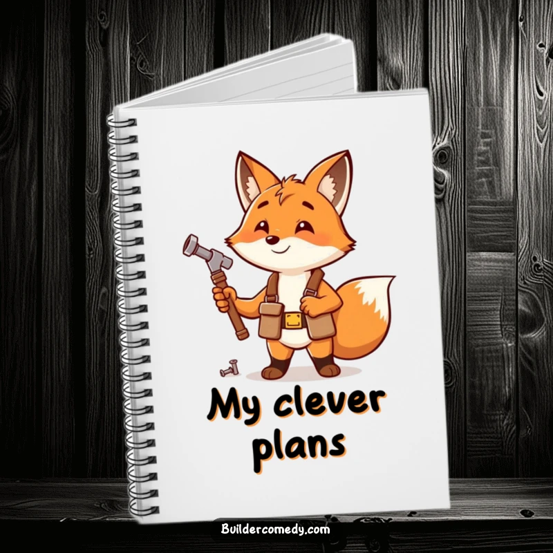 Funny fox with tool belt hammering a nail on a notebook cover.