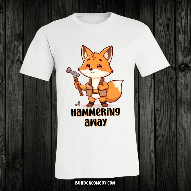 Enthusiastic fox wearing a tool belt, happily hammering a small nail, on a t-shirt.