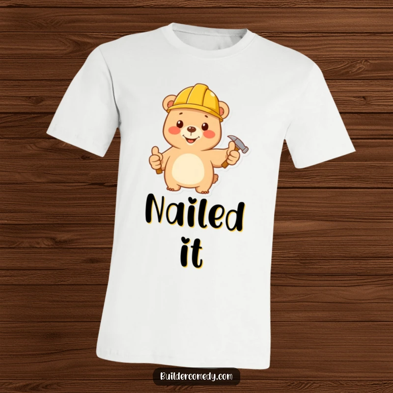 Funny happy bear wearing a hard hat and holding a tiny hammer, giving a thumbs up on a t-shirt.