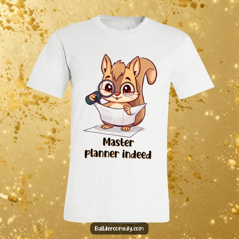 Funny squirrel character using a magnifying glass to inspect a blueprint on a T-shirt, perfect for architects.