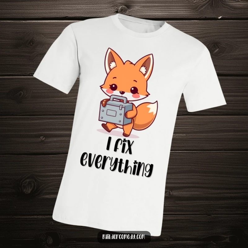 Funny fox character proudly carrying a tiny, oversized toolbox, symbolizing construction and humor, ideal for gifting.