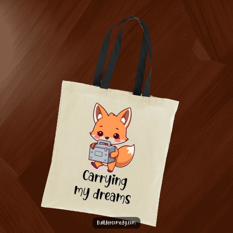Funny fox character humorously carrying a tiny, oversized toolbox on a tote bag, perfect for shopping and errands.