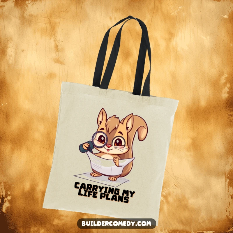 Funny squirrel character inspecting a blueprint with a magnifying glass on a tote bag, ideal for carrying plans.