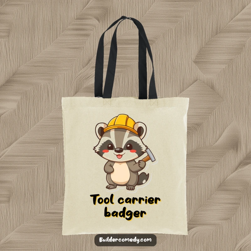 Funny cheerful badger wearing a small hard hat, hammering a nail, a durable tote bag for tools and supplies.